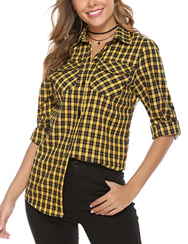 Aibrou Camisa Franela Casual,Camisa de Cuadros Algodón,Blusas y Camisas Manga Larga,Camisas a Cuadras Clásica Estilo Neutro Primavera Otoño (Amarillo, L)