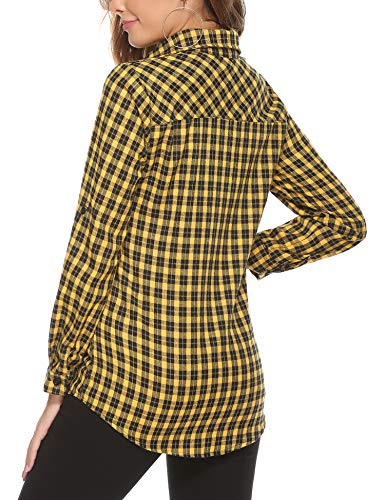Aibrou Camisa Franela Casual,Camisa de Cuadros Algodón,Blusas y Camisas Manga Larga,Camisas a Cuadras Clásica Estilo Neutro Primavera Otoño (Amarillo, L)