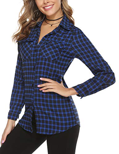 Aibrou Camisa Franela Casual,Camisa de Cuadros Algodón,Blusas y Camisas Manga Larga,Camisas a Cuadras Clásica Estilo Neutro Primavera Otoño (Azul Oscuro 2, XL)