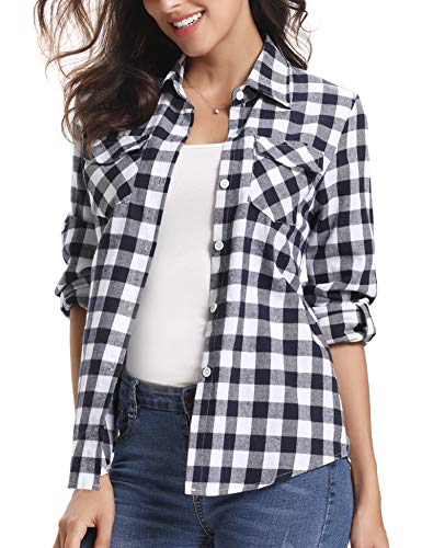 Aibrou Camisa Franela de Cuadros Mujer,Blusa Casual Camisas  Clásica Manga Larga con Botones,Ropa de Trabajo de Equipo  para Primavera Otoño Invierno (Blanco Negro, S)