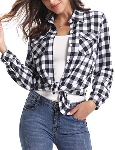 Aibrou Camisa Franela de Cuadros Mujer,Blusa Casual Camisas  Clásica Manga Larga con Botones,Ropa de Trabajo de Equipo  para Primavera Otoño Invierno (Blanco Negro, S)