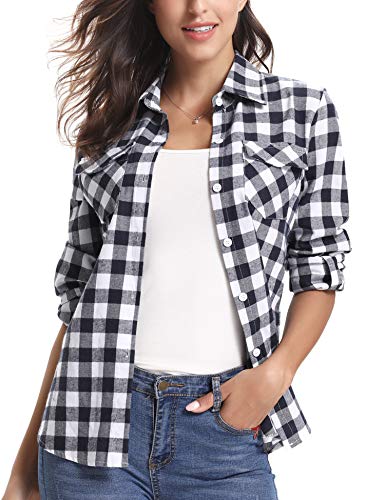 Aibrou Camisa Franela de Cuadros Mujer,Blusa Casual Camisas  Clásica Manga Larga con Botones,Ropa de Trabajo de Equipo  para Primavera Otoño Invierno (Blanco Negro, S)