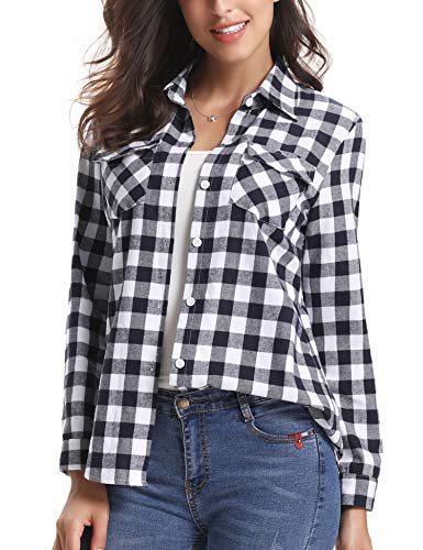 Aibrou Camisa Franela de Cuadros Mujer,Blusa Casual Camisas  Clásica Manga Larga con Botones,Ropa de Trabajo de Equipo  para Primavera Otoño Invierno (Blanco Negro, S)