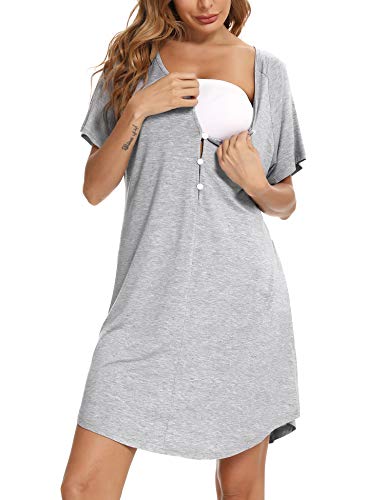 Aibrou Camisón Lactancia, Camison Maternidad Camisón Maternidad Lactancia Manga Corta Camison Embarazada Algodon Cuello en V, Camison Premamá con Botones para Hospital Casual Hogar