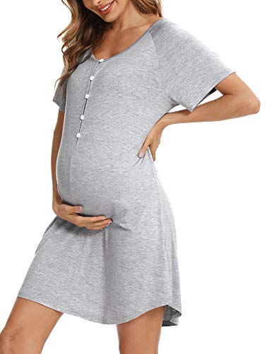 Aibrou Camisón Lactancia, Camison Maternidad Camisón Maternidad Lactancia Manga Corta Camison Embarazada Algodon Cuello en V, Camison Premamá con Botones para Hospital Casual Hogar