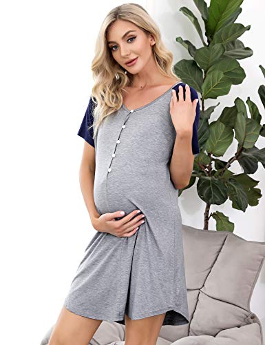 Aibrou Camisón Lactancia, Camison Maternidad Camisón Maternidad Lactancia Manga Corta Camison Embarazada Algodon Cuello en V, Camison Premamá con Botones para Hospital Casual Hogar