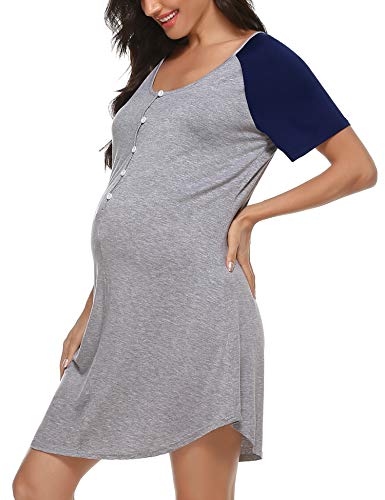 Aibrou Camisón Lactancia, Camison Maternidad Camisón Maternidad Lactancia Manga Corta Camison Embarazada Algodon Cuello en V, Camison Premamá con Botones para Hospital Casual Hogar