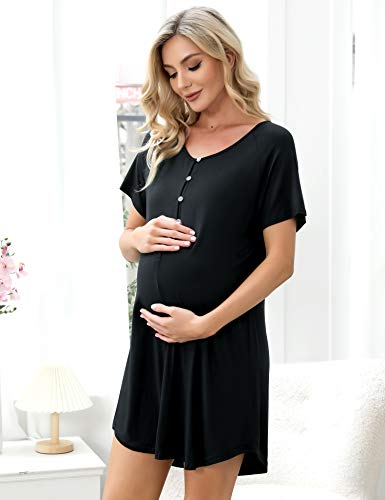 Aibrou Camisón Lactancia, Camison Maternidad Camisón Maternidad Lactancia Manga Corta Camison Embarazada Algodon Cuello en V, Camison Premamá con Botones para Hospital Casual Hogar