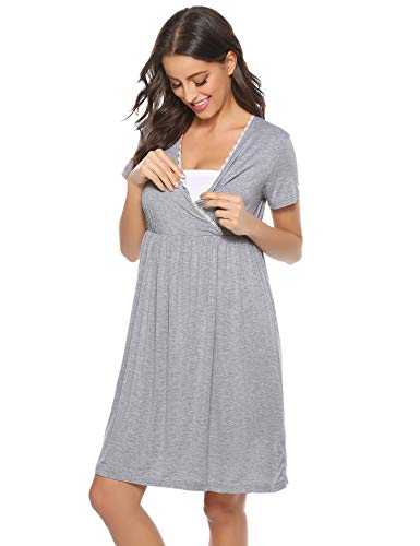 Aibrou Camison Lactancia Manga Corta Pijama Lactancia Algodon Camisón Premamá Verano Camisones Embarazada Hospital(Gris, Small)