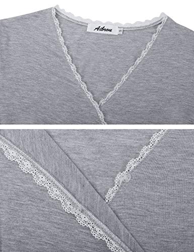 Aibrou Camison Lactancia Manga Corta Pijama Lactancia Algodon Camisón Premamá Verano Camisones Embarazada Hospital(Gris, Small)