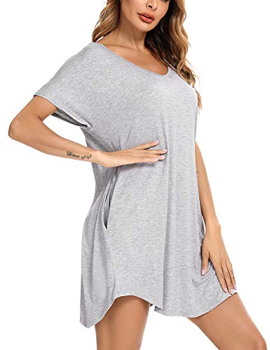 Aibrou Camisón Mujer Verano Camisón de Manga Corta con Cuello en V para Mujer Pijama de Mujer,Gris,L
