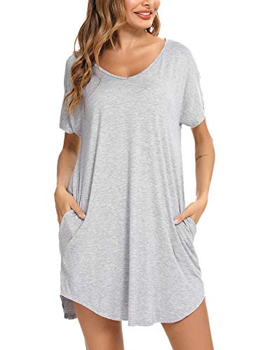 Aibrou Camisón Mujer Verano Camisón de Manga Corta con Cuello en V para Mujer Pijama de Mujer,Gris,L