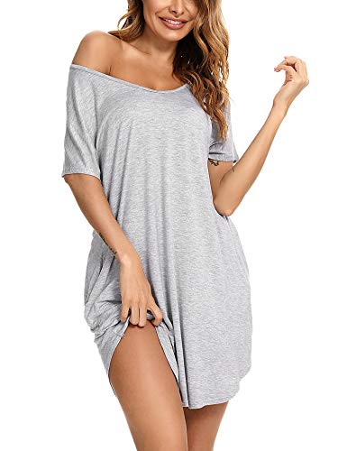 Aibrou Camisón Mujer Verano Camisón de Manga Corta con Cuello en V para Mujer Pijama de Mujer,Gris,L