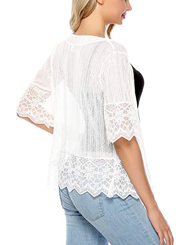 Aibrou Cárdigan de Encaje de Manga Corta para Mujer,Chaquetas Ganchillo Suelto,Chaqueta Kimono Playa,Vacaciones Playa Chal Camisolas y Pareos para Verano, (Blanco, XL)