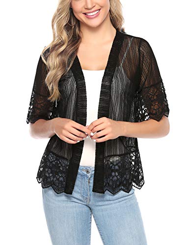 Aibrou Cárdigan de Encaje de Manga Corta para Mujer,Chaquetas Ganchillo Suelto,Chaqueta Kimono Playa,Vacaciones Playa Chal Camisolas y Pareos para Verano, (Negro, L)