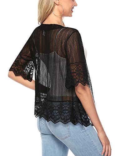 Aibrou Cárdigan de Encaje de Manga Corta para Mujer,Chaquetas Ganchillo Suelto,Chaqueta Kimono Playa,Vacaciones Playa Chal Camisolas y Pareos para Verano, (Negro, L)