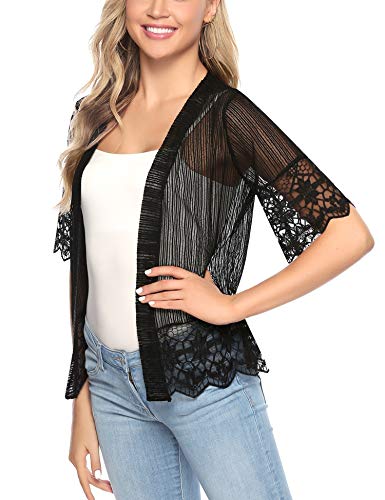 Aibrou Cárdigan de Encaje de Manga Corta para Mujer,Chaquetas Ganchillo Suelto,Chaqueta Kimono Playa,Vacaciones Playa Chal Camisolas y Pareos para Verano, (Negro, L)