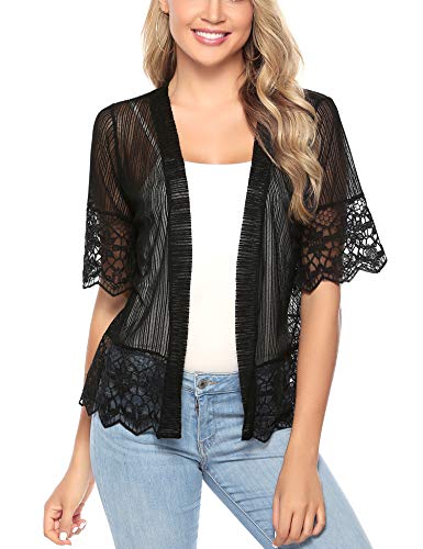 Aibrou Cárdigan de Encaje de Manga Corta para Mujer,Chaquetas Ganchillo Suelto,Chaqueta Kimono Playa,Vacaciones Playa Chal Camisolas y Pareos para Verano, (Negro, L)
