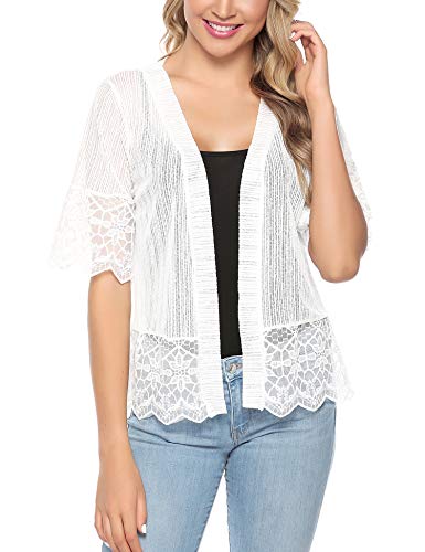 Aibrou Cárdigan de Encaje de Manga Corta para Mujer,Chaquetas Ganchillo Suelto,Chaqueta Kimono Playa,Vacaciones Playa Chal Camisolas y Pareos para Verano, (Blanco, M)