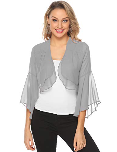 Aibrou Cardigan de Gasa Manga 3/4 Ruffle Chiffon para Mujer,Torera Corta,Mantón de Vacaciones,Bolero Casual Chaqueta de Gasa para Fiesta Boda,(Gris,XXL)