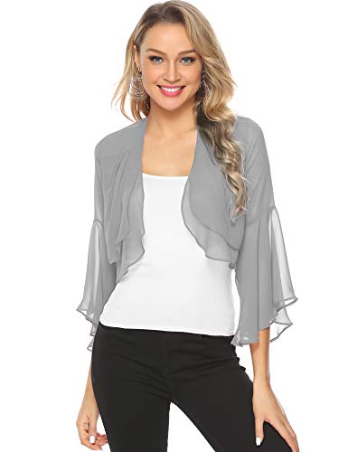 Aibrou Cardigan de Gasa Manga 3/4 Ruffle Chiffon para Mujer,Torera Corta,Mantón de Vacaciones,Bolero Casual Chaqueta de Gasa para Fiesta Boda,(Gris,XXL)