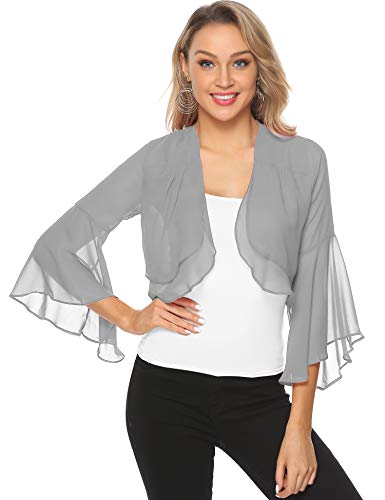 Aibrou Cardigan de Gasa Manga 3/4 Ruffle Chiffon para Mujer,Torera Corta,Mantón de Vacaciones,Bolero Casual Chaqueta de Gasa para Fiesta Boda,(Gris,XXL)