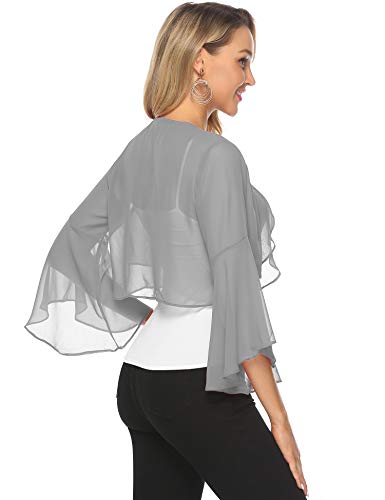 Aibrou Cardigan de Gasa Manga 3/4 Ruffle Chiffon para Mujer,Torera Corta,Mantón de Vacaciones,Bolero Casual Chaqueta de Gasa para Fiesta Boda,(Gris,XXL)