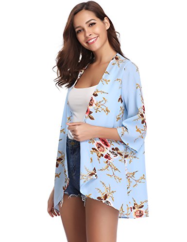 Aibrou Cárdigan Kimonos Mujer Camisolas y Pareos Pareo Playa,Cardigan Verano Manga 3/5 Tops Blusa Floral Suelta,Vacaciones Playa Chal,(Azul Claro, S)