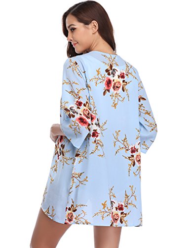 Aibrou Cárdigan Kimonos Mujer Camisolas y Pareos Pareo Playa,Cardigan Verano Manga 3/5 Tops Blusa Floral Suelta,Vacaciones Playa Chal,(Azul Claro, S)