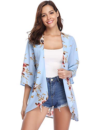 Aibrou Cárdigan Kimonos Mujer Camisolas y Pareos Pareo Playa,Cardigan Verano Manga 3/5 Tops Blusa Floral Suelta,Vacaciones Playa Chal,(Azul Claro, S)