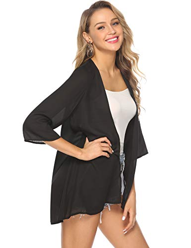 Aibrou Cárdigan Kimonos Mujer Camisolas y Pareos Pareo Playa,Cardigan Verano Manga 3/6 Tops Blusa Floral Suelta,Vacaciones Playa Chal,(Negro sólido, XXL)