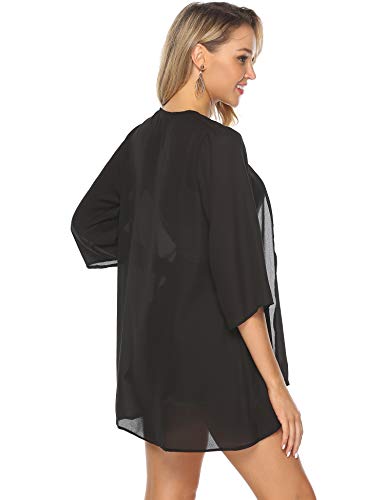 Aibrou Cárdigan Kimonos Mujer Camisolas y Pareos Pareo Playa,Cardigan Verano Manga 3/6 Tops Blusa Floral Suelta,Vacaciones Playa Chal,(Negro sólido, XXL)