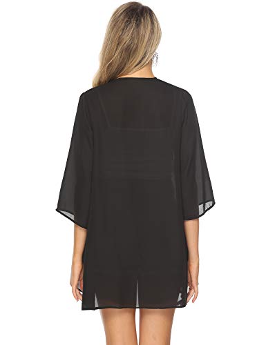 Aibrou Cárdigan Kimonos Mujer Camisolas y Pareos Pareo Playa,Cardigan Verano Manga 3/6 Tops Blusa Floral Suelta,Vacaciones Playa Chal,(Negro sólido, XXL)