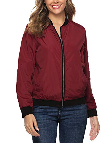 Aibrou Chaqueta Bomber Mujer,Cazadora Moto Jacket Mujer,Casual Uniforme Beisbol con Cremallera,Jacket Bomber Style (Vino Rojo, M)