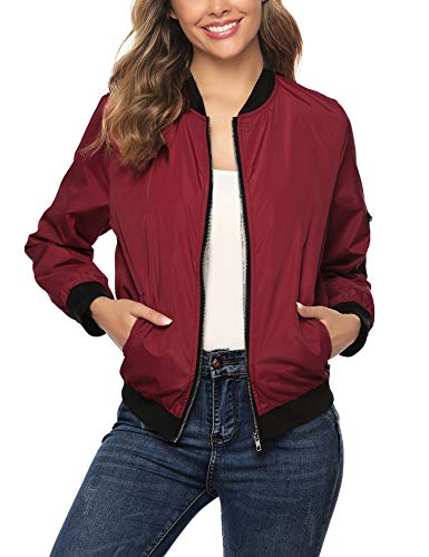 Aibrou Chaqueta Bomber Mujer,Cazadora Moto Jacket Mujer,Casual Uniforme Beisbol con Cremallera,Jacket Bomber Style (Vino Rojo, M)