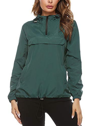 Aibrou Chubasquero Canguro para Mujer Chaqueta Cortavientos Abrigo Impermeable con Capucha Chuvasqueros de Lluvia Chaquetas Deporte Primavera, (Verde Oscuro, XXL)