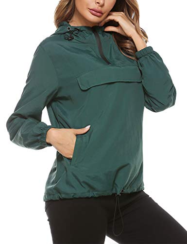 Aibrou Chubasquero Canguro para Mujer Chaqueta Cortavientos Abrigo Impermeable con Capucha Chuvasqueros de Lluvia Chaquetas Deporte Primavera, (Verde Oscuro, XXL)
