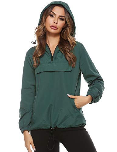 Aibrou Chubasquero Canguro para Mujer Chaqueta Cortavientos Abrigo Impermeable con Capucha Chuvasqueros de Lluvia Chaquetas Deporte Primavera, (Verde Oscuro, XXL)