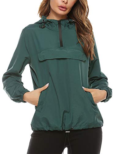 Aibrou Chubasquero Canguro para Mujer Chaqueta Cortavientos Abrigo Impermeable con Capucha Chuvasqueros de Lluvia Chaquetas Deporte Primavera, (Verde Oscuro, XXL)