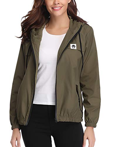 Aibrou Chubasquero Impermeable Deportivo para Mujer,Abrigo Impermeables con Capucha,Chuvasqueros de Lluvia Chaqueta Cortavientos Running  para Primavera, (Ejercito Verde, XS)