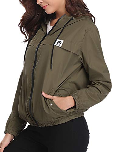 Aibrou Chubasquero Impermeable Deportivo para Mujer,Abrigo Impermeables con Capucha,Chuvasqueros de Lluvia Chaqueta Cortavientos Running  para Primavera, (Ejercito Verde, XS)