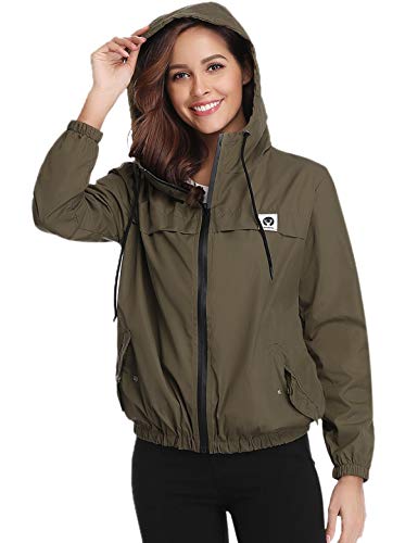 Aibrou Chubasquero Impermeable Deportivo para Mujer,Abrigo Impermeables con Capucha,Chuvasqueros de Lluvia Chaqueta Cortavientos Running  para Primavera, (Ejercito Verde, XS)
