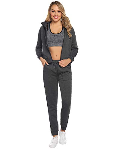 Aibrou Conjunto Chándal de Mujer,Grueso cálido Sudadera con Capucha,Cremallera Abrigo Deportivo de vellón,Pantalones con cordón,Trajes Deportivos, Pijamas （ Gris ， XXL ）