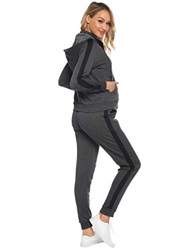 Aibrou Conjunto Chándal de Mujer,Grueso cálido Sudadera con Capucha,Cremallera Abrigo Deportivo de vellón,Pantalones con cordón,Trajes Deportivos, Pijamas （ Gris ， XXL ）