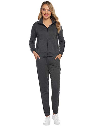 Aibrou Conjunto Chándal de Mujer,Grueso cálido Sudadera con Capucha,Cremallera Abrigo Deportivo de vellón,Pantalones con cordón,Trajes Deportivos, Pijamas （ Gris ， XXL ）