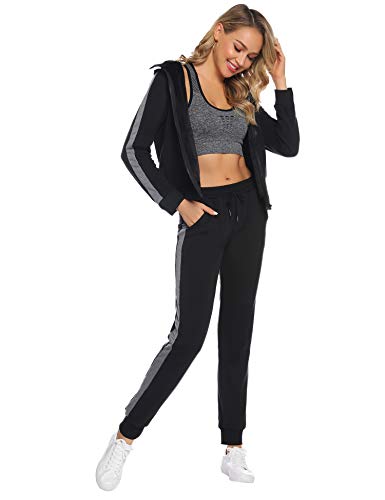 Aibrou Conjunto Chándal de Mujer,Grueso cálido Sudadera con Capucha,Cremallera Abrigo Deportivo de vellón,Pantalones con cordón,Trajes Deportivos, Pijamas （ Negro ， S ）