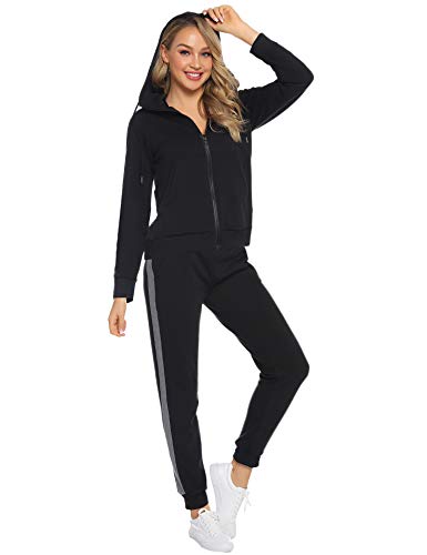 Aibrou Conjunto Chándal de Mujer,Grueso cálido Sudadera con Capucha,Cremallera Abrigo Deportivo de vellón,Pantalones con cordón,Trajes Deportivos, Pijamas （ Negro ， S ）