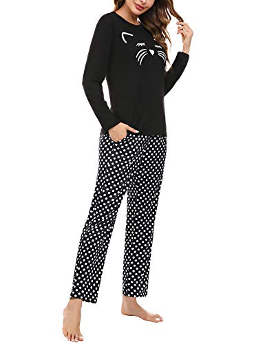 Aibrou Conjunto de Pijamas Mujer, Ropa de Casa Dormir de Manga Larga en Cuello Redondo Pijama Estampado Gato Conjuntos Camiseta y Punto de Onda Pantalon Mujer per Hogar Casual
