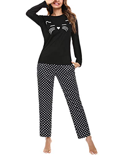 Aibrou Conjunto de Pijamas Mujer, Ropa de Casa Dormir de Manga Larga en Cuello Redondo Pijama Estampado Gato Conjuntos Camiseta y Punto de Onda Pantalon Mujer per Hogar Casual
