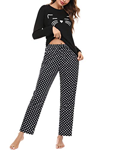 Aibrou Conjunto de Pijamas Mujer, Ropa de Casa Dormir de Manga Larga en Cuello Redondo Pijama Estampado Gato Conjuntos Camiseta y Punto de Onda Pantalon Mujer per Hogar Casual